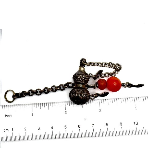 Qing Antique Chinese Silver Gourd Snuff Bottle Charm Coral Adornment Chain 20 g - Picture 5 of 16